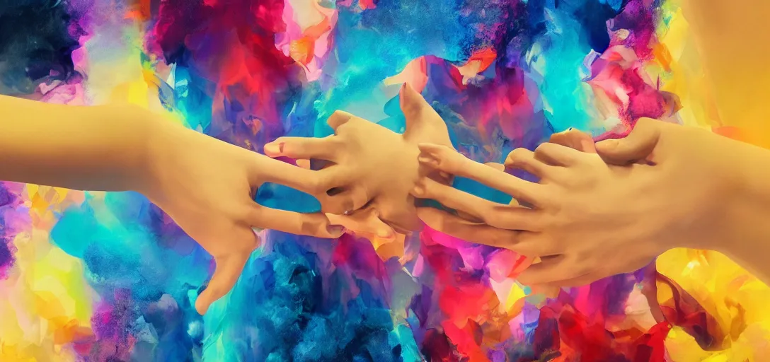 Prompt: xray of couple hands holding, colourful vfx art, art by hsiao, ron cheng, james jean, presented as magazine collage style, volumetric light, colourful, sharp, detailed, digital painting, illustration, illustration, magazine collage, highly detailed, intricate detail, unreal engine, octae render