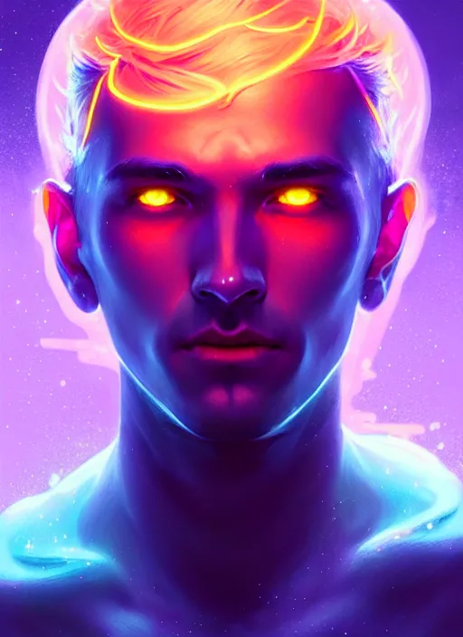 Image similar to a male faceless glowing liquefied stardust adventurer, dnd fantasy character, full body portrait, glowing neon skin, magical aura, ultra realistic, intricate, elegant, highly detailed, digital painting, artstation, smooth, sharp, focus, illustration, art by artgerm and greg rutkowski and alphonse mucha