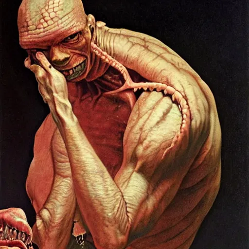 Prompt: portrait of a lizard man removing human skin. Artwork by Caravaggio and by Wayne Barlowe by alexander gierymski
