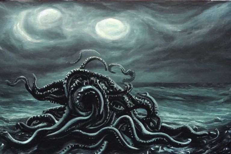 Image similar to a nightmarish oil painting of a kraken devouring the ancient home of the baby seals, dark ominous sky in the background, scary