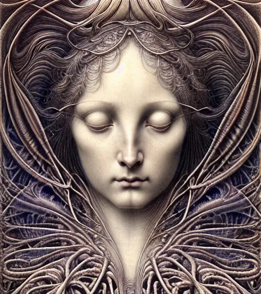 Prompt: detailed realistic beautiful angel goddess face portrait by jean delville, gustave dore, iris van herpen and marco mazzoni, art forms of nature by ernst haeckel, art nouveau, symbolist, visionary, gothic, neo - gothic, pre - raphaelite, fractal lace, intricate alien botanicals, ai biodiversity, surreality, hyperdetailed ultrasharp octane render