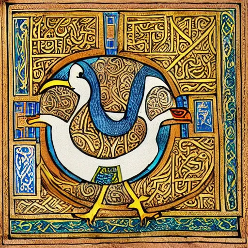 Prompt: book of kells, illustration of a duck, dye on calfskin vellum