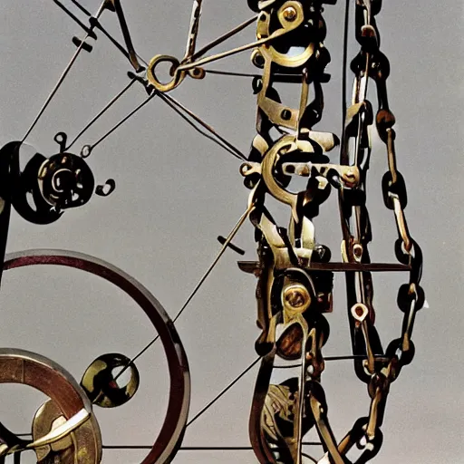 Prompt: chain and sprockets. mecha. by arthur ganson, acrylic, brass sheet, electric motors, by alexander calder, a giant mechanical kinetic sculpture made of painted wood blocks, marbles, steel wire, by claes oldenburg. outdoor photograph.