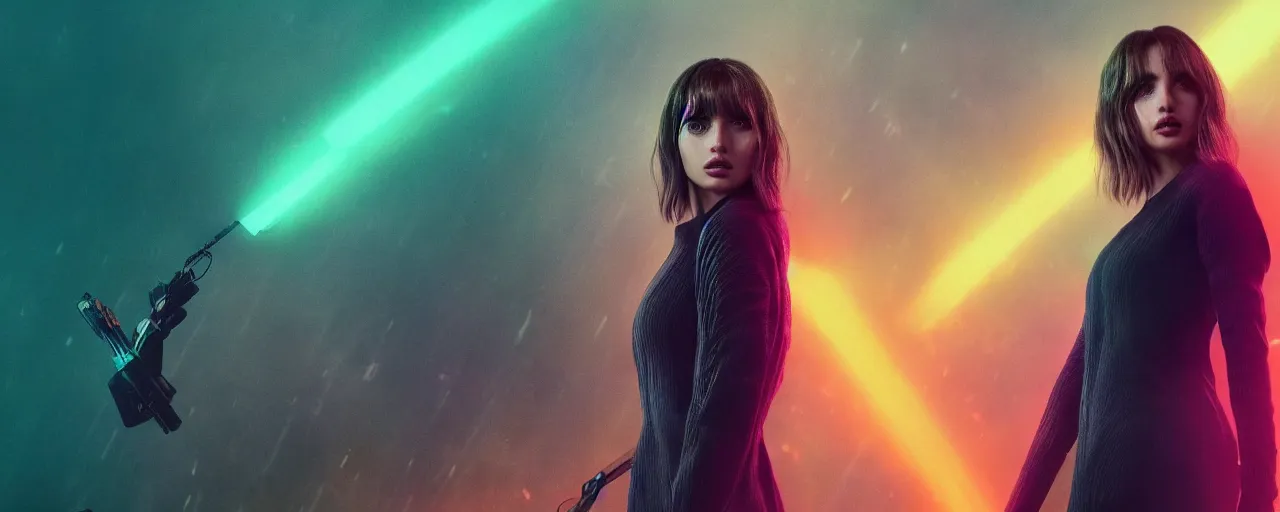 Image similar to breathtakingly beautiful Ana de Armas in blade runner 2049, long flowing hair, laser cannon, 8k, trending on artstation, unreal engine, purple neon, green rain