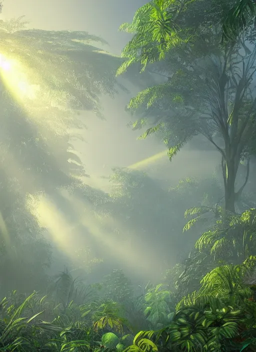 Prompt: jungle with sunrays piercing foliage and fog at dusk, realistic, ultra detailed, artstation