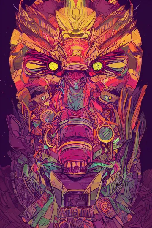 Image similar to totem animal tribal chaman vodoo mask feather gemstone plant wood rock video game illustration vivid color borderlands by josan gonzales and dan mumford radiating a glowing aura