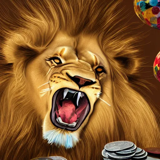 Prompt: Lion having a party, money shower, coins, digital art, dollar bills, concept art, digital painting, highly detailed, illustration