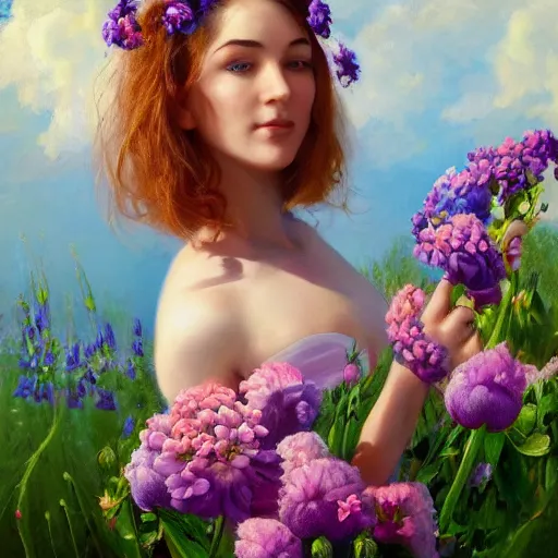 Image similar to a portrait of a romantic woman with flowers grow out of hair, roses peonies forget-me-nots dahlias lupins gladioli, sky theme in background, by Alexandr Averin, Digital Art, Trending on artstation