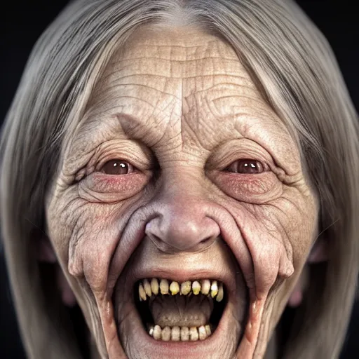 Image similar to very old woman portrait, no teeths, many wrinkles, 8 k, photorealistic, octane render, award winning photography, lovecraft style, horror atmosphere, cinematic, hyper realism,