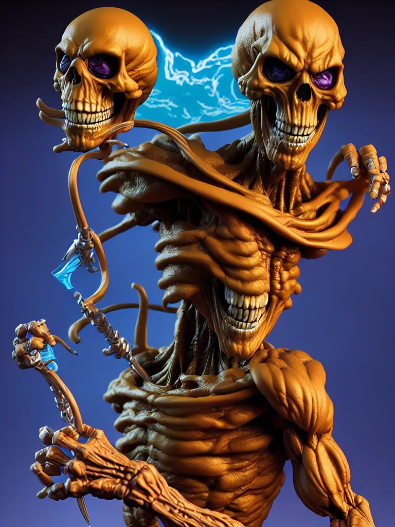 Image similar to hyperrealistic rendering, skeletor by bernie wrightson and killian eng and joe fenton, product photography, action figure, sofubi, studio lighting, colored gels