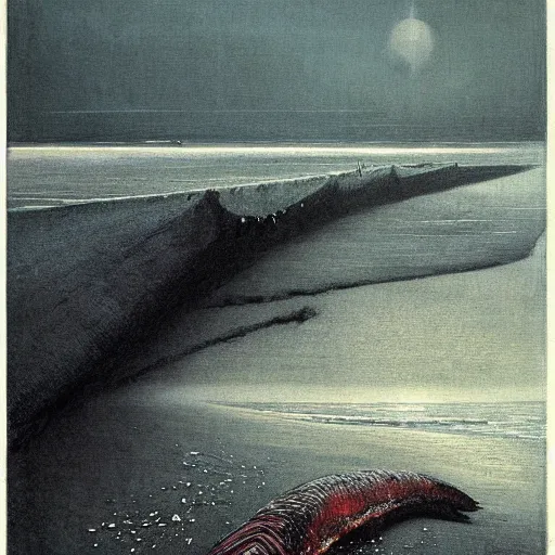 Prompt: decaying salmon on the beach, by beksinski.