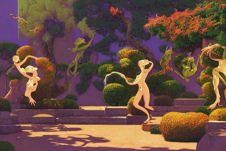 Prompt: a fantasy courtyard scene with dancing frogs, digital painting by maxfield parrish and michael whelan, photorealistic