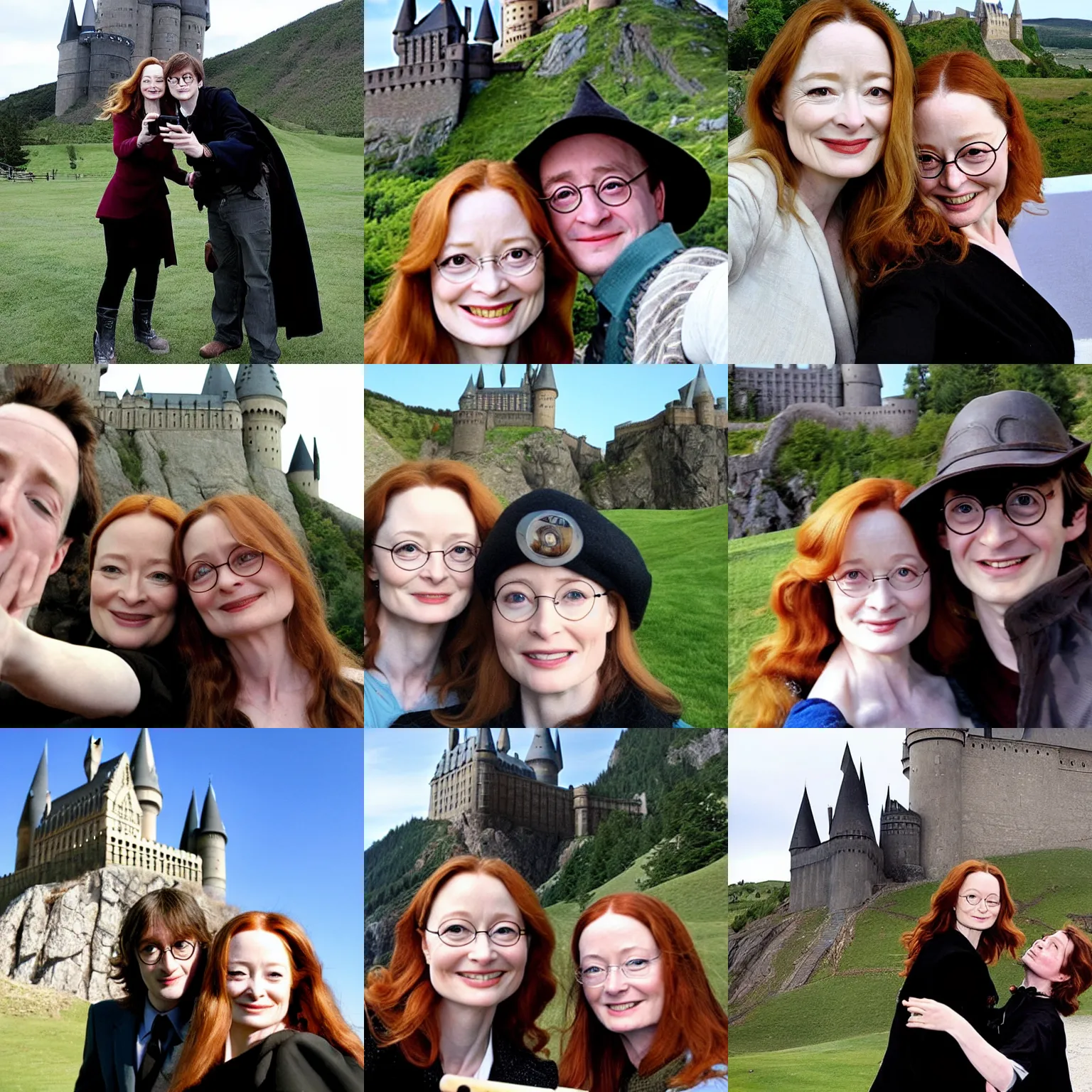 Prompt: miranda otto, posing for a selfie with harry potter, in front of a castle on a mountain, 2 0 0 9