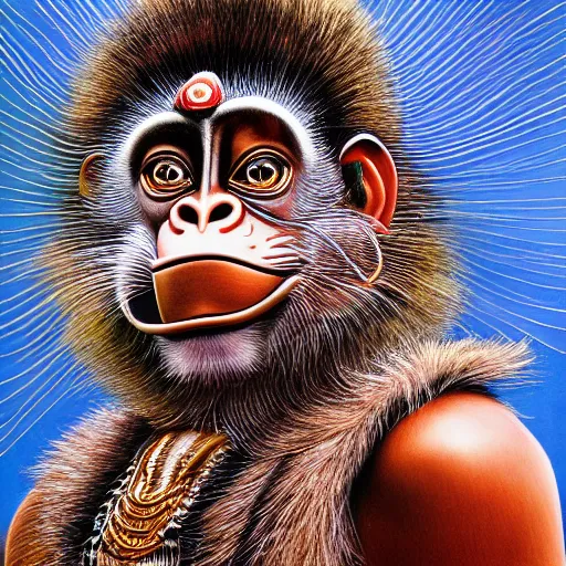 Image similar to biomechanical Hanuman , hyper-realistic portrait, intricate details, supersharp, hypermaximalist, dramatic lighting, hajime sorayama, Indian monkey god, photorealistic hanuman