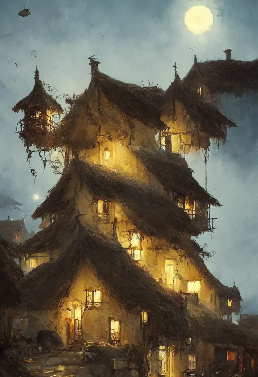 Image similar to Painting by Greg Rutkowski, rich picturesque colors, at night a big ceramic jug with gold ornaments flies high in the night dark blue sky above a small village with white houses under thatched roofs, stars in the sky,