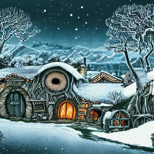 Image similar to detailed illustration of hobbiton in winter, from the lord of the rings