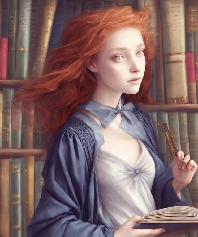 Prompt: cute female scholar wearing graduation clothes in beautiful library by charlie bowater and titian and artgerm, portrait, intricate, face, bookshelves, ginger hair, grey eyes, playful, dust, elegant, blue mist, highly detailed, dramatic lighting, sharp focus, trending on artstation, artstationhd, artstationhq, unreal engine, 4 k, 8 k