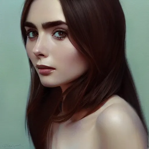 Image similar to of an ultradetailed beautiful portrait panting of lilly collins, front view, oil painting, by ilya kuvshinov, greg rutkowski and makoto shinkai