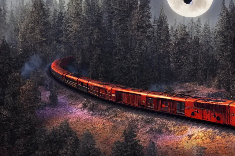 Image similar to devil train fiery black smoke locomotive blazing throguh dark forest, eerie moon eclipse, hyper realistic, ambient lighting, concept art, intricate, hyper detailed, smooth, dynamic volumetric lighting, octane, raytrace, cinematic, high quality, high resolution, 4 k, cgsociety, rutkowski, gurney