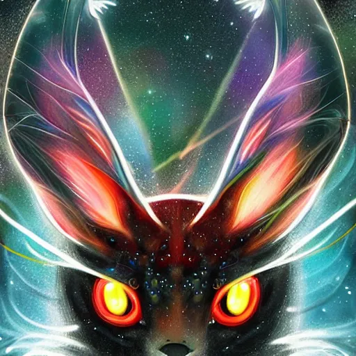 Prompt: geometric symmetrical flareon with galaxy eyes in space, nebula in the background, intricate, elegant, highly detailed, digital painting, artstation, concept art, smooth, sharp focus, illustration, art by artgerm