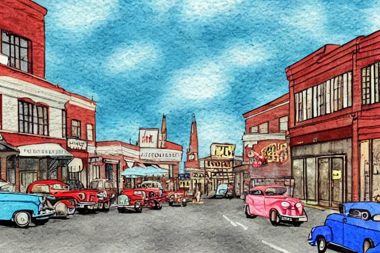 Prompt: a whimsical storybook illustration of a small town main street from the 1 9 5 0 s with a line of brick buildings with business signs over the doors and some late 1 9 5 0 s cars on the road in front of the buildings and one 1 9 3 0 model a hot rod, lowbrow pop art style watercolor