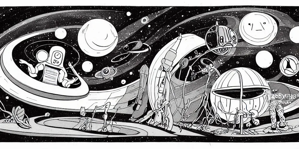 Image similar to traditional drawn colorful animation a car solo stranger with sad face pacing to valley symmetrical architecture on the ground, space station planet afar, planet surface, ground, flower, outer worlds extraterrestrial hyper contrast well drawn Metal Hurlant Pilote and Pif in Jean Henri Gaston Giraud animation film The Masters of Time FANTASTIC PLANET La planète sauvage animation by René Laloux