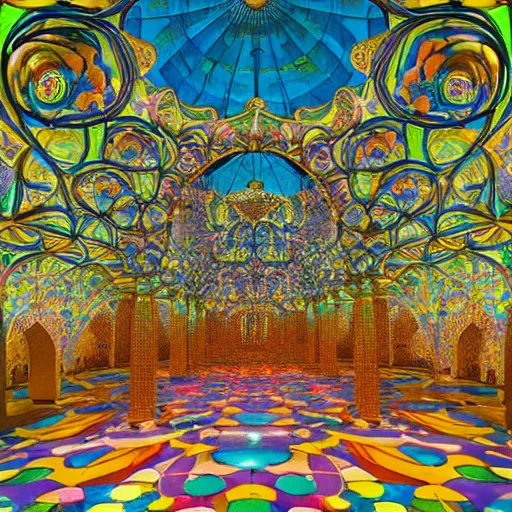 Image similar to world most beautiful mosque by jeff koons, m. c. escher, zdzisław beksinski, beeple, rutkowski, and alphonse mucha, chihuly