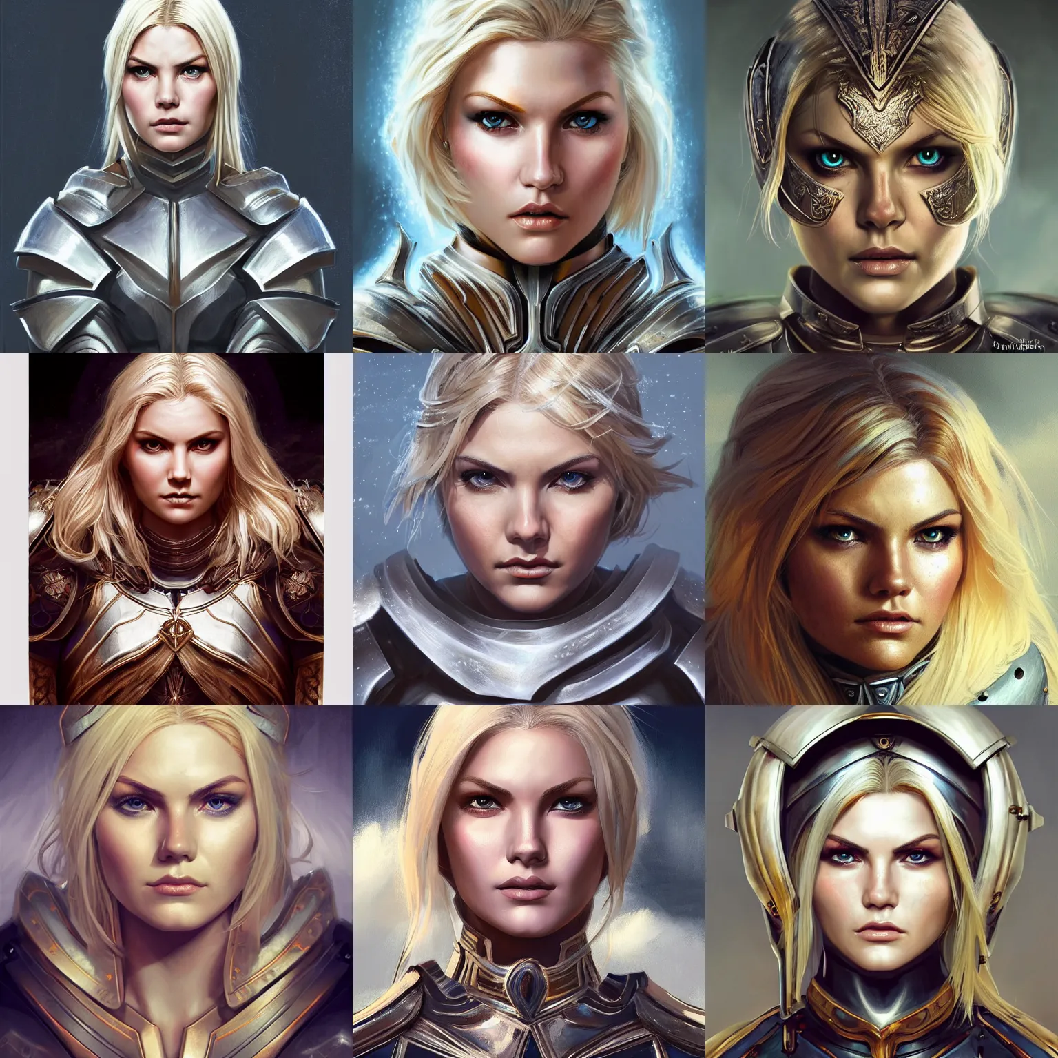 Prompt: head-on centered symmetrical painted portrait, Elisha Cuthbert as a holy paladin, blonde hair, steel armour, dramatic lighting, intricate, wild, highly detailed, digital painting, smooth, sharp focus, illustration, dramatic lighting, artstation, in the style of artgerm and greg rutkowski