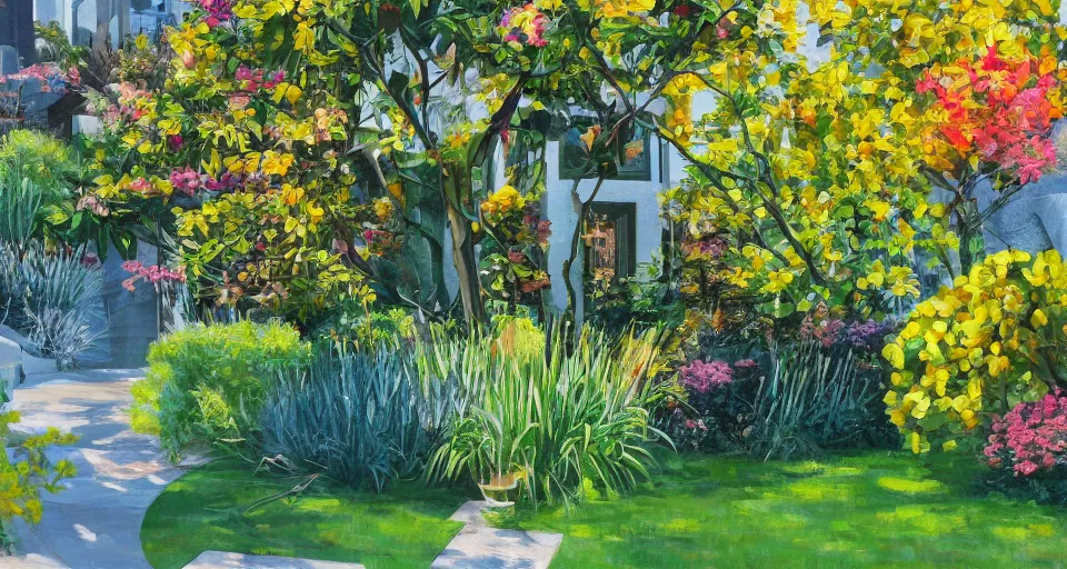 Image similar to an extremely expensive modern home in a very rich neighborhood in San Francisco, beautiful garden out front, modernist design, beautiful painting, oil on canvas, by Ewa Czarniecka, award winning masterpiece,