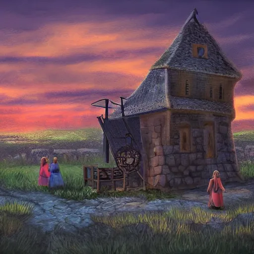 Prompt: people in the field building a medieval village at sunset, digital art, fantasy theme
