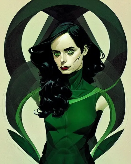 Image similar to style of Joshua Middleton comic book art, Nick Dragotta comic art, beautiful witch Krysten Ritter, symmetrical face, symmetrical eyes, scary smile, black and green eyes, full body, dark green dress