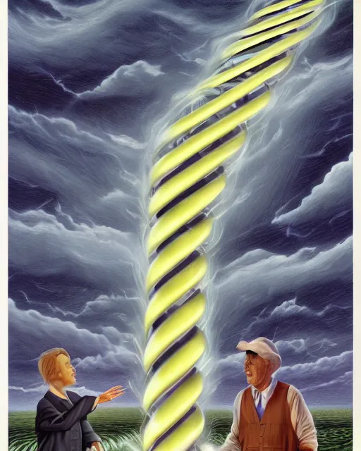 Prompt: in a field, two scientists in lab coats encounter a monster shaped like the DNA double helix, stormy weather, by Rob Gonsalves, faster, darker, more intense