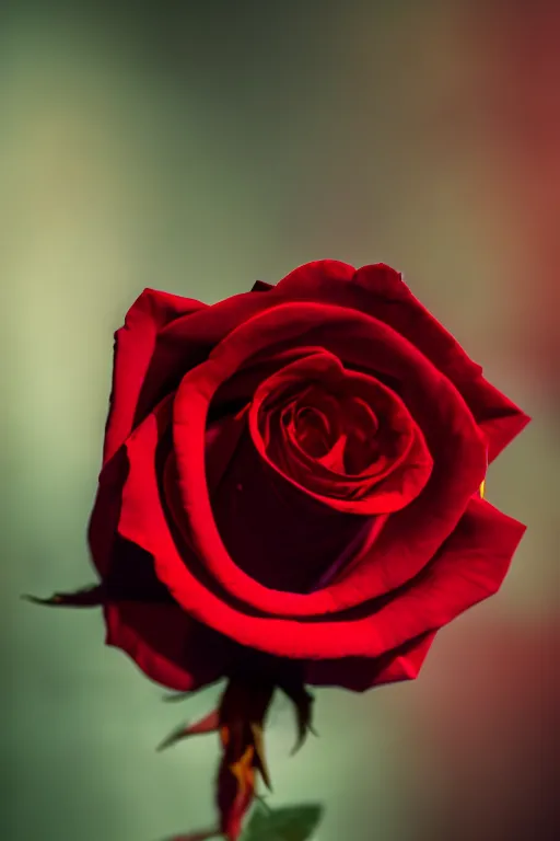 Prompt: a realistic photo of a dark-red rose, Romantic, dark background, lit by morning light, beautiful photo