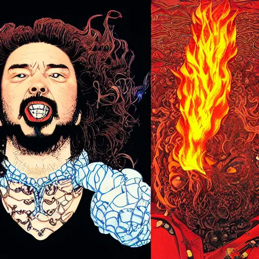 Prompt: portrait of crazy post malone with fire, symmetrical, by yoichi hatakenaka, masamune shirow, josan gonzales and dan mumford, ayami kojima, takato yamamoto, barclay shaw, karol bak, yukito kishiro