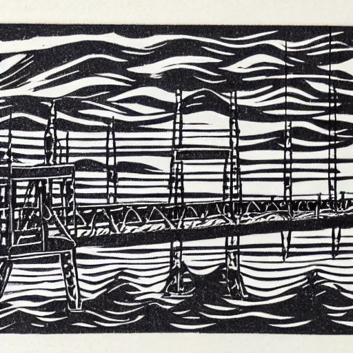 Prompt: small steel suspension bridge built in 1 9 2 8, side view, puffy clouds in background, uap floating in the sky, woodcut style, rubber stamp, 8 k