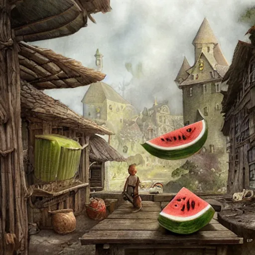 Image similar to sprite soda and watermelon, a detailed matte painting by anton pieck, deviantart contest winner, fantasy art, concept art, official art, matte drawing