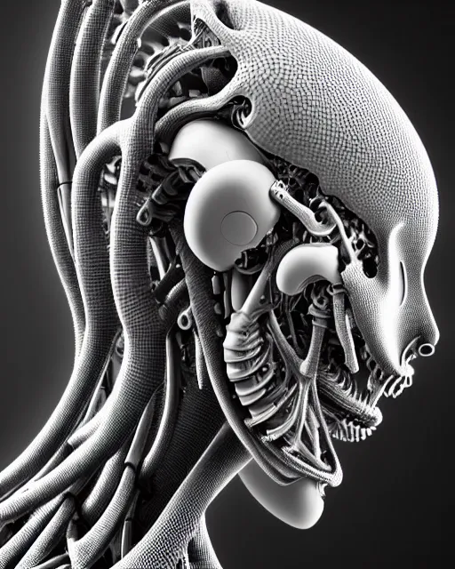 Image similar to raw bw 3 d render biomechanical intricate spinal ribbed exotic alien organic body detail of mechanical female cyborg, beautiful insanely detailed, digital art, octane render, 8 k artistic photography, photorealistic