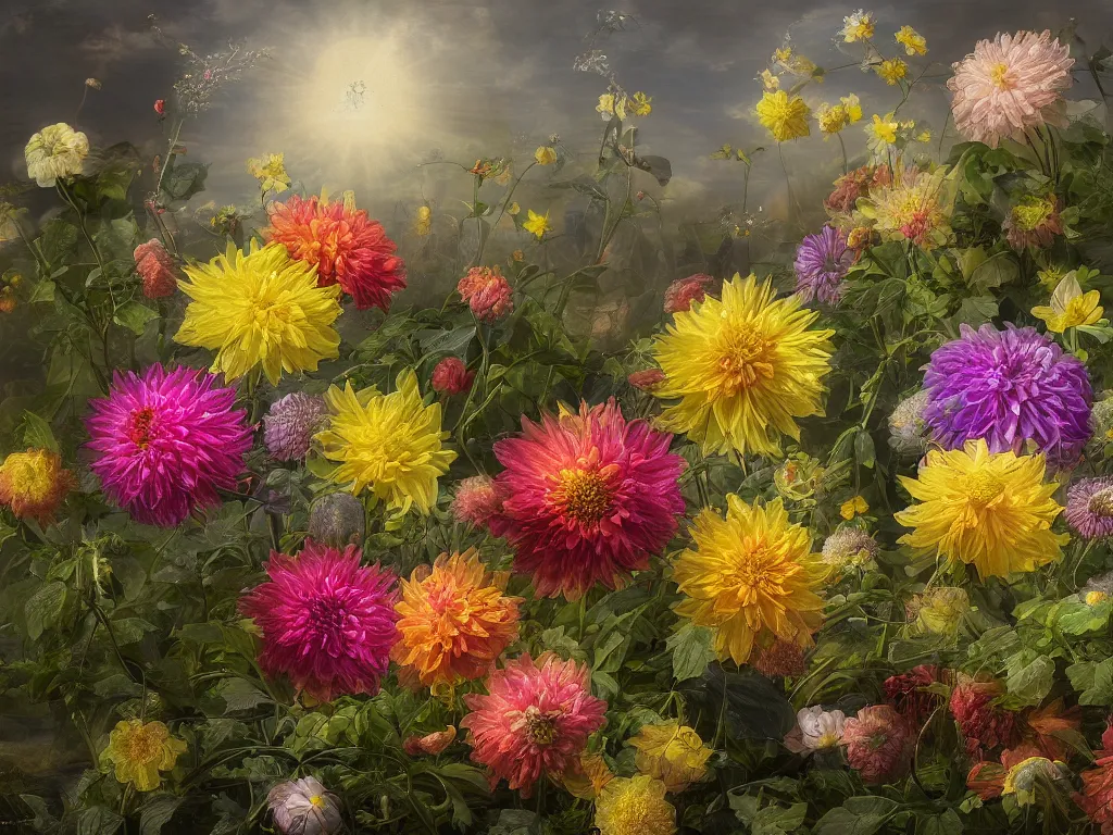 Prompt: 3d render of iridescent dahlias, wildflowers, and buttercups from the undergrowth, Sunlight Study, by Jan Davidsz de Heem and Rachel Ruysch and (((((Lisa Frank))))), Art Nouveau, 8k, extreme detail, sharp focus, octane render