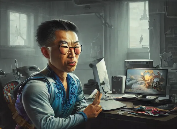 Image similar to an insanely detailed painting of an asian man wearing a homemade superhero costume, realistic face, sitting at a desk, staring seriously at the computer and typing, in the style of peter mohrbacher, james jean, artgerm, dramatic lighting and composition, surreal background, octane render, pixar, trending on artstation, concept art, comic book, 8 k