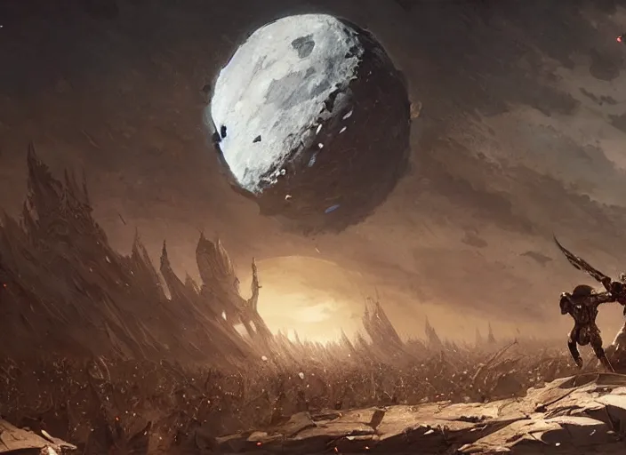 Image similar to beautiful as the moon, terrible as an army with banners. art by james paick and greg rutkowski