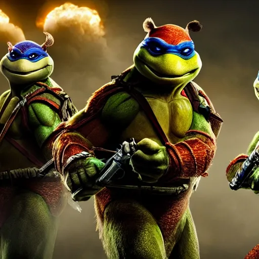 Prompt: hyperrealistic awe inspiring movie still teenage mutant ninja turtles 8 k hdr atmospheric lighting