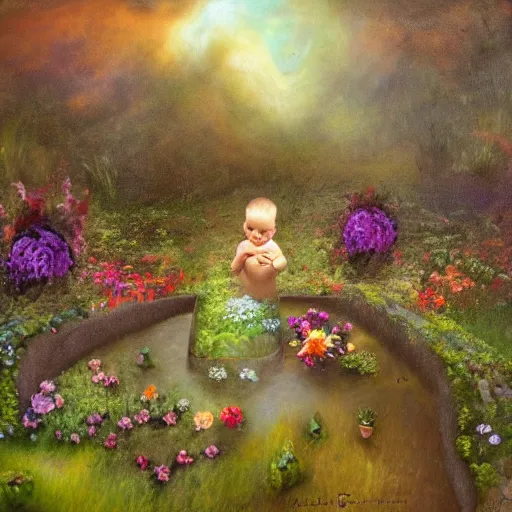 Prompt: the garden baby ; to dig my flowers garden ; after i die ; after you die ; to dig yours ; to beg them ; to be wet from dawn to dawn, concept art, mystic garden, ultrarealistic, oil surreal painting, fantasy