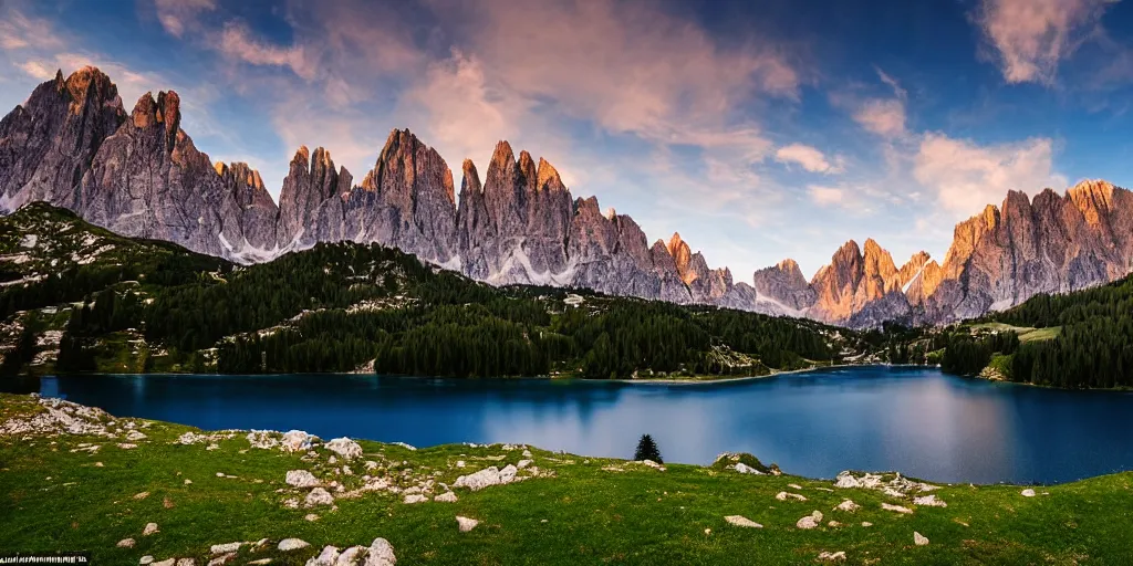 Prompt: extremely beautiful alpine scenery at night with milkaway, dolomites, calm lake in foreground, intricate details