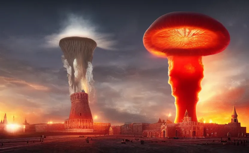 Image similar to ultra realistic picture of a big nuclear explosion with realistic nuclear mushroom in Red Square Kremlin, dramatic lighting, cinematic, extremely high detail, photo realistic, cinematic lighting, post processed, concept art, artstation, matte painting, unreal engine 8k