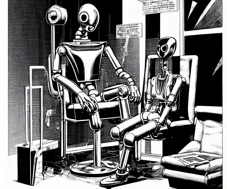 Prompt: robot wearing highly detailed hyperrealism neofuturistic cyberpunk neuralinterface is sitting on a chair, by wally wood and moebius