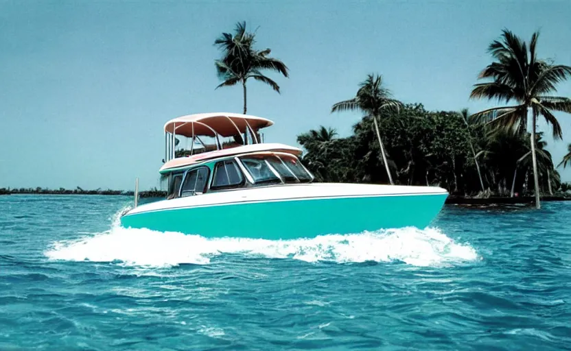 Image similar to photorealistic picture of a scarab 3 8 kv boat driving in turquoise water. miami. 8 0's style