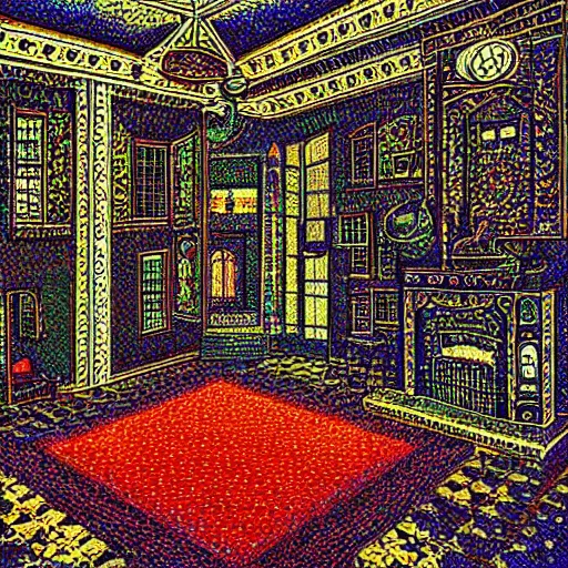 Image similar to interior of a vampire's house in the style of kinetic pointillism, intricate hyper detailed, hd