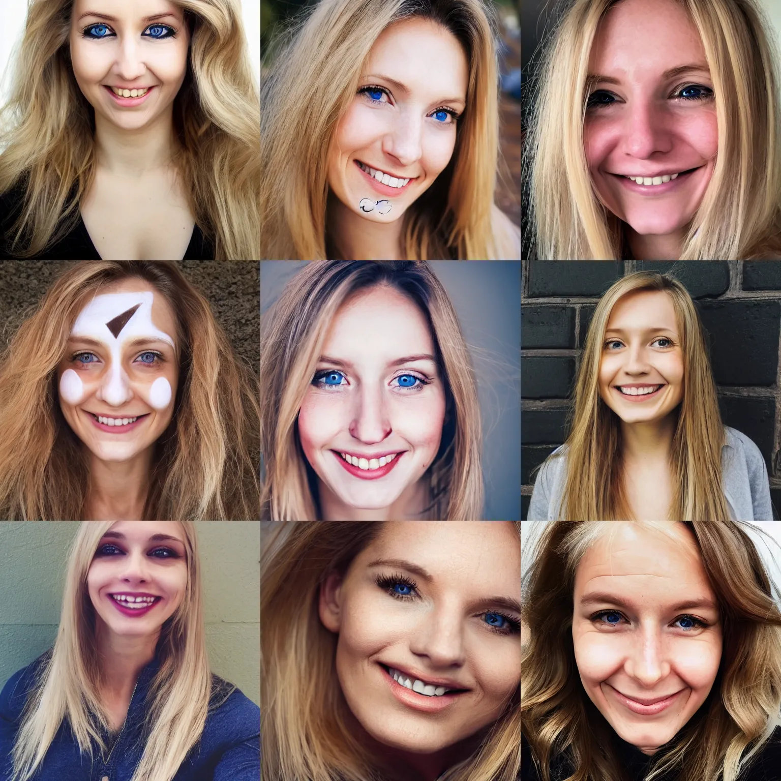 Prompt: portrait of a woman, 2 7, symmetric, blond brown long hair, smile, facebook profile picture, thin short small nose, short round face, round chin, visible pores, natural look, average, dimples, caucasian, outward slanted eyes, facepaint
