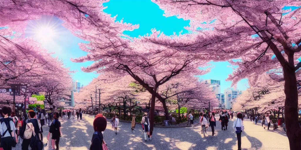 Image similar to anime style cityscape, spring season anime city, cherry blossoms in the wind, day time, sun high in the sky, sun glare, clear weather, blue sky, tokyo japan, people walking, high detail and very sharp, detailed shading, artstation, wallpaper, kyoto animation productions, a silent voice