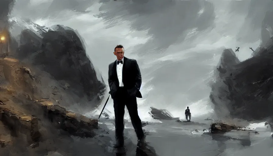 Image similar to concept art of james bond, cinematic shot, oil painting by jama jurabaev, extremely detailed, brush hard, artstation, high quality, brush stroke